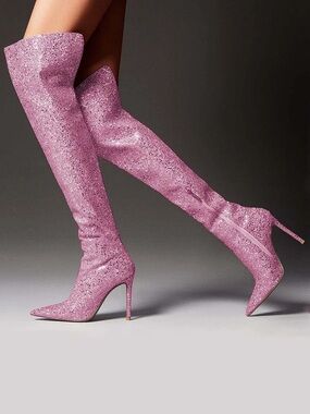 Steve Madden | Vivianne Pink Rhinestone Pointed-Toe Over-the-Knee Boots
